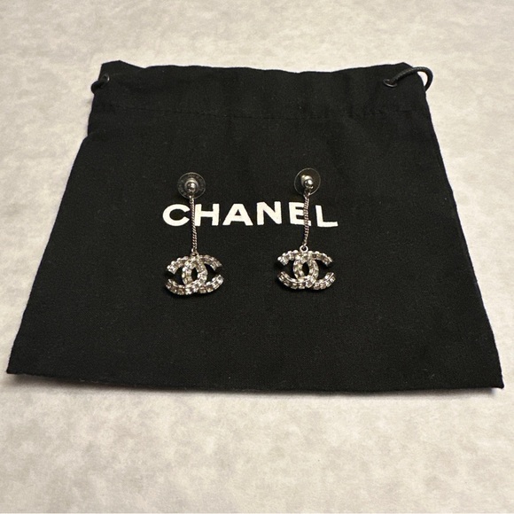 Authentic Chanel Crystal Chain CC Logo Dangle Drop Earrings - Picture 12 of 12